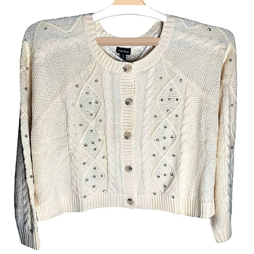 TORRID Cropped Cable Cardigan Rhinestone‎ Embellished Sweater NWT